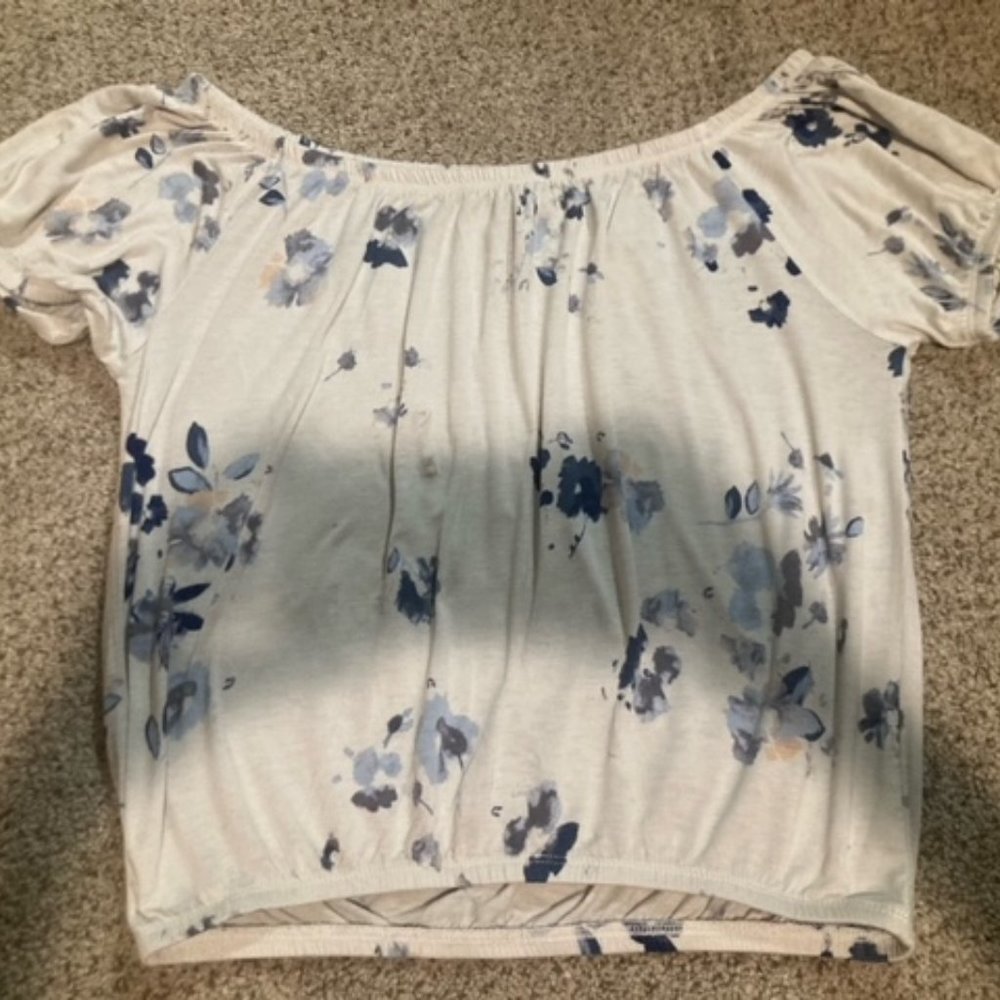 White Crop Top Tee With Blue Flowers